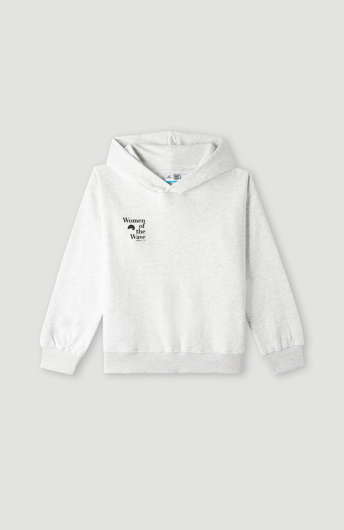 Women of the Wave Hoodie für Mädchen, weiß mit Logo-Print in Schwarz, flach liegend von vorne mit Rippbündchen