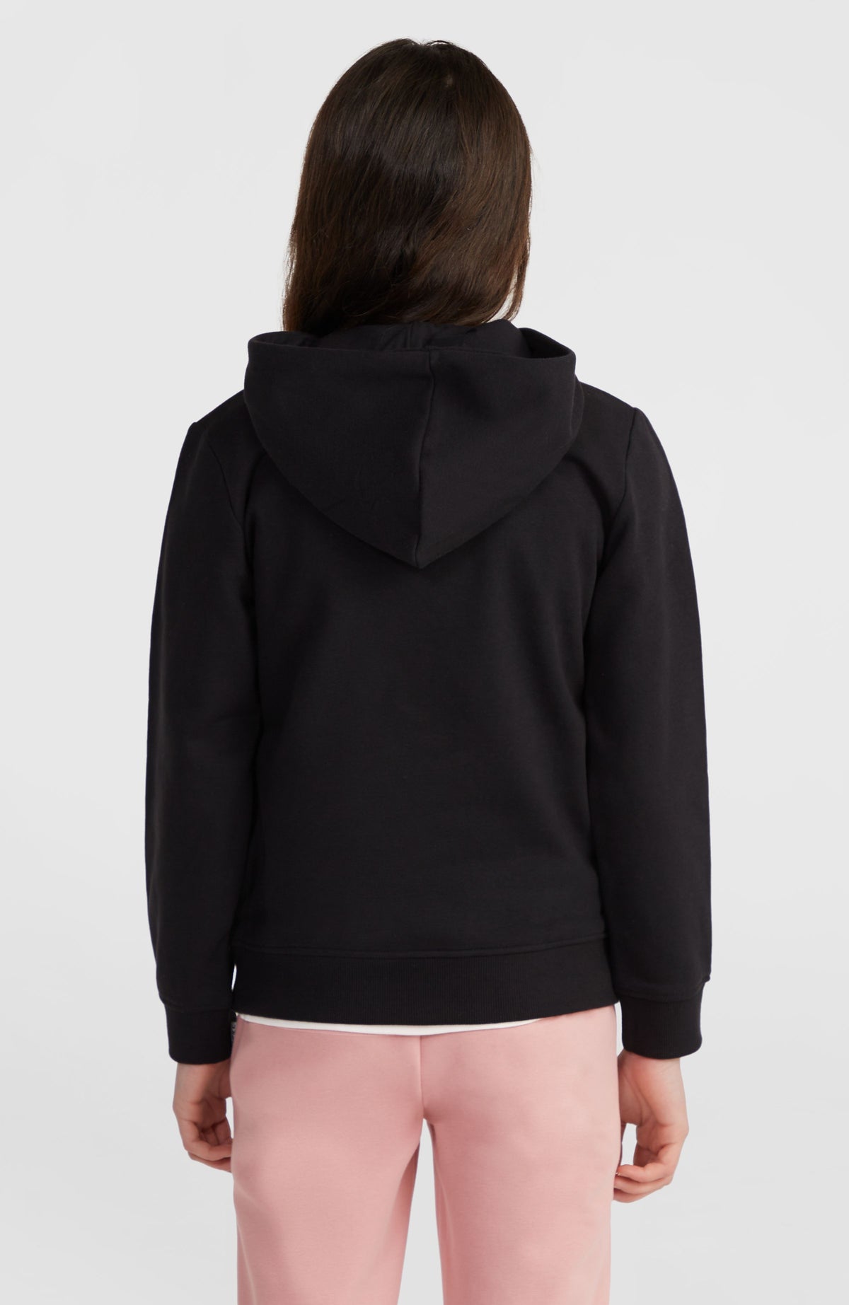 Women of the Wave Hoodie für Mädchen, schwarz, Rückansicht am Model mit Kapuze und Rippbündchen
