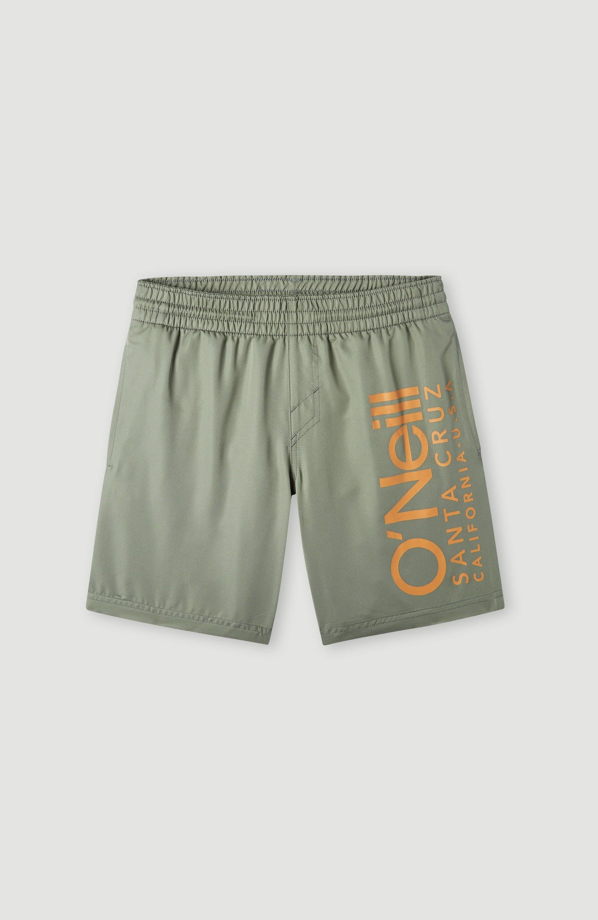 O'Neill Original Cali 14'' Badehose für Jungen, grün mit Logo-Print in Orange, flach liegend in der Vorderansicht