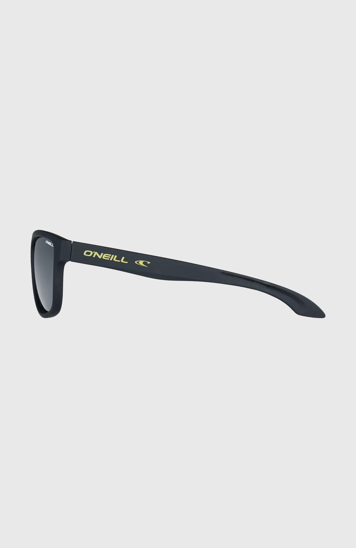 Sunglasses Coast Sonnenbrille, schwarz, freigestellt von der Seite, Bügel mit gelbem Logo-Schriftzug