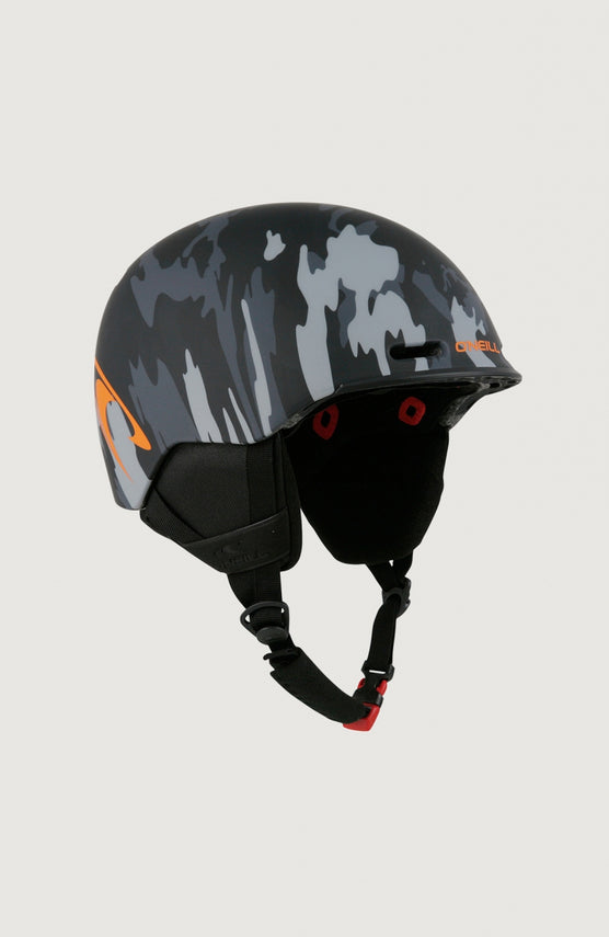 O'Neill Pro Helmet für Herren, schwarz mit Camouflage-Muster in Grau, freigestellt in Schrägansicht