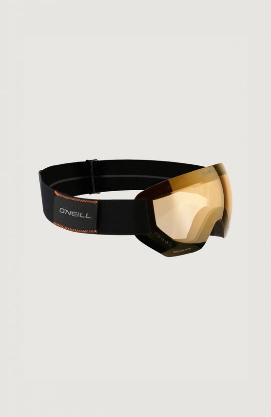 O'Neill Pro Photo Snow Goggles Skibrille, schwarz, freigestellt in Schrägansicht, Band mit Logo-Patch