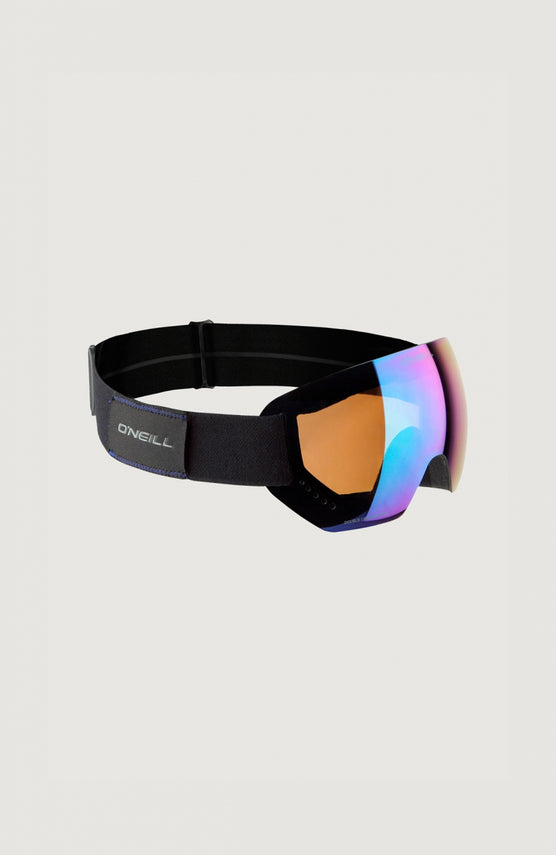 O'Neill Pro Snow Goggles Skibrille, blau, freigestellt von schräg rechts, verstellbares Band mit Logo-Patch
