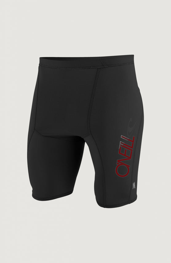 O'Neill Premium Skins Surf Short Badehose für Herren, schwarz mit Logo-Print in Rot, freigestellt von vorne