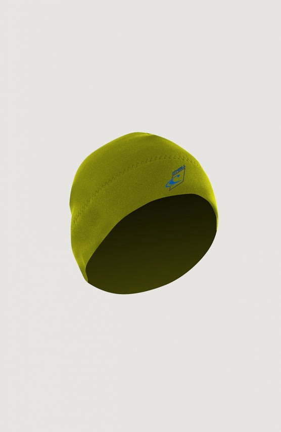 O'Neill Beanie 2mm für Herren, gelb mit Logo-Print in Blau, freigestellt in Schrägansicht von vorne