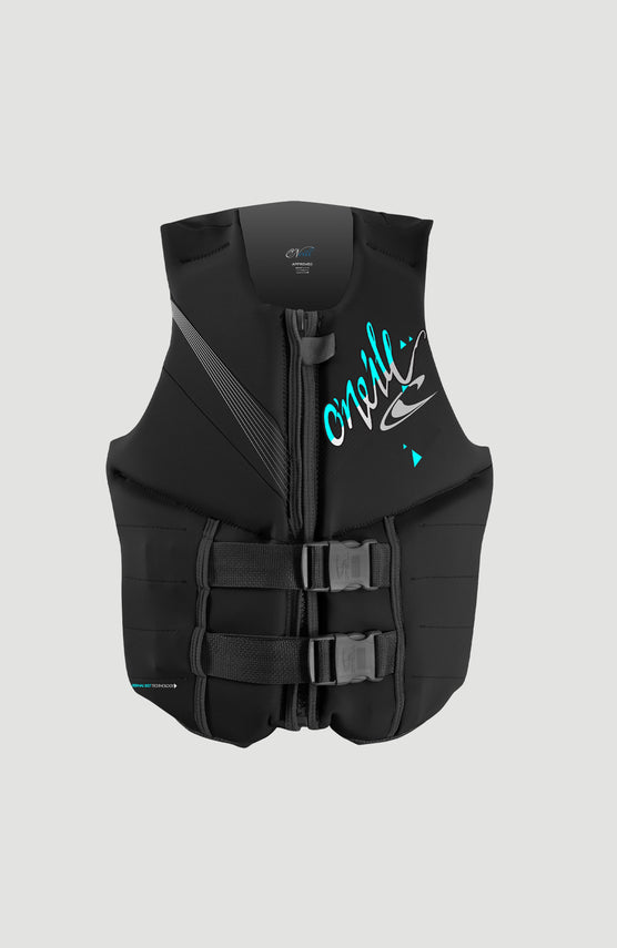 O'Neill Reactor 50N CE Vest Schwimmweste für Damen, schwarz mit Logo-Print in Türkis und Weiß, freigestellt von vorne