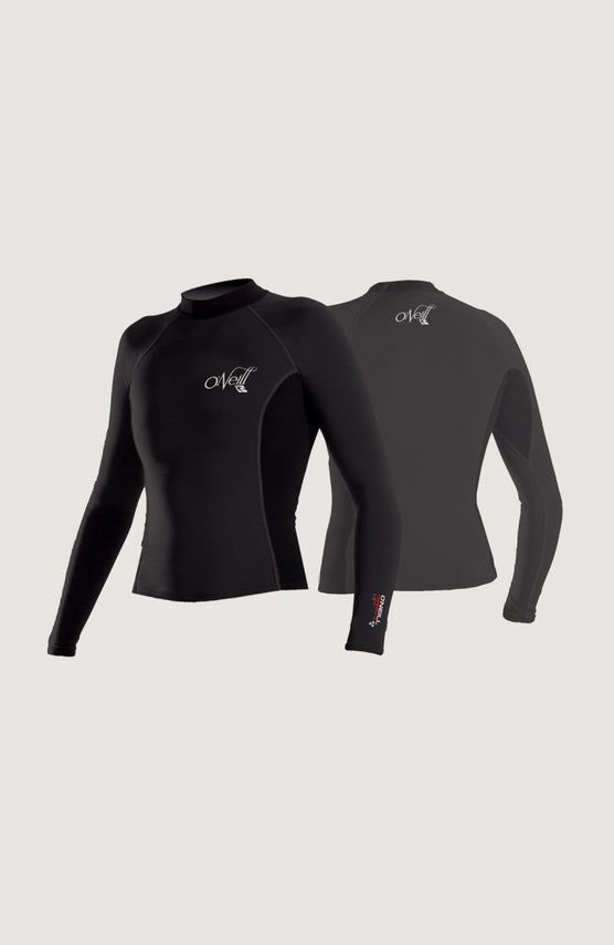 O'Neill Thermo-X Long Sleeve Crew Schwimmshirt für Damen, schwarz mit Logo-Print in Weiß, Vorder- und Rückansicht