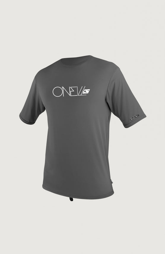 O'Neill Skins Short Sleeve Rash Tee Schwimmshirt für Herren, schwarz mit Logo-Print in Weiß, freigestellt von vorne