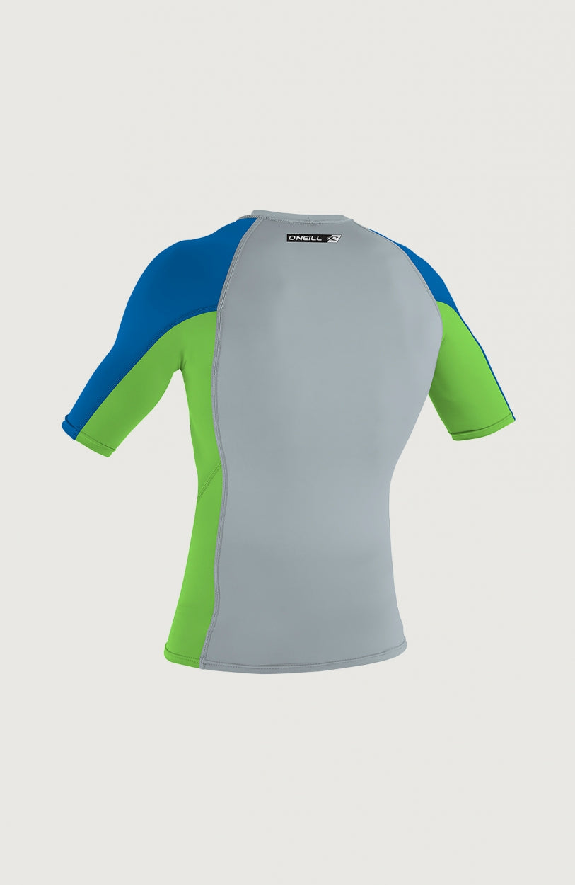 Premium Skins Short Sleeve Rash Guard Schwimmshirt für Herren, grau, freigestellt von hinten, Logo am Kragen