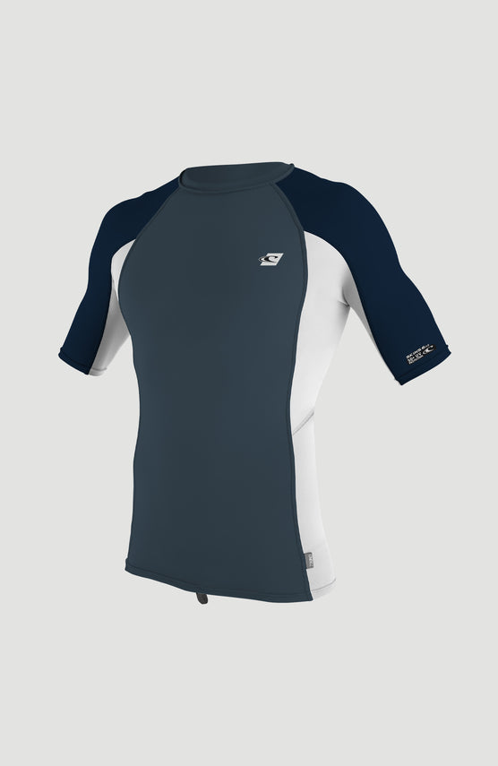 O'Neill Premium Skins Short Sleeve Rash Guard Schwimmshirt für Herren, blau mit Logo-Print in Weiß, Vorderansicht