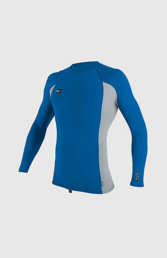O'Neill Premium Skins Long Sleeve Rash Guard Schwimmshirt für Herren, blau, freigestellt von vorne, grauer Einsatz