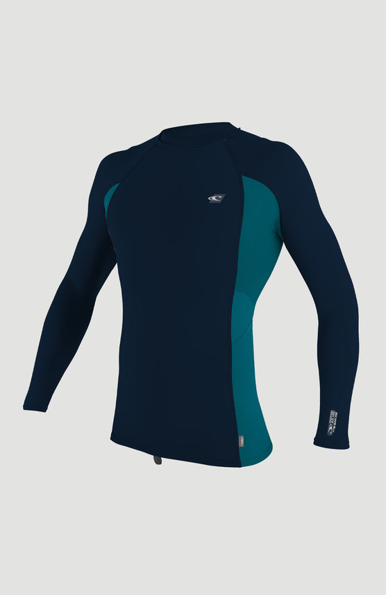 O'Neill Premium Skins Long Sleeve Rash Guard Schwimmshirt für Herren, blau, freigestellt von vorne mit Raglanärmeln