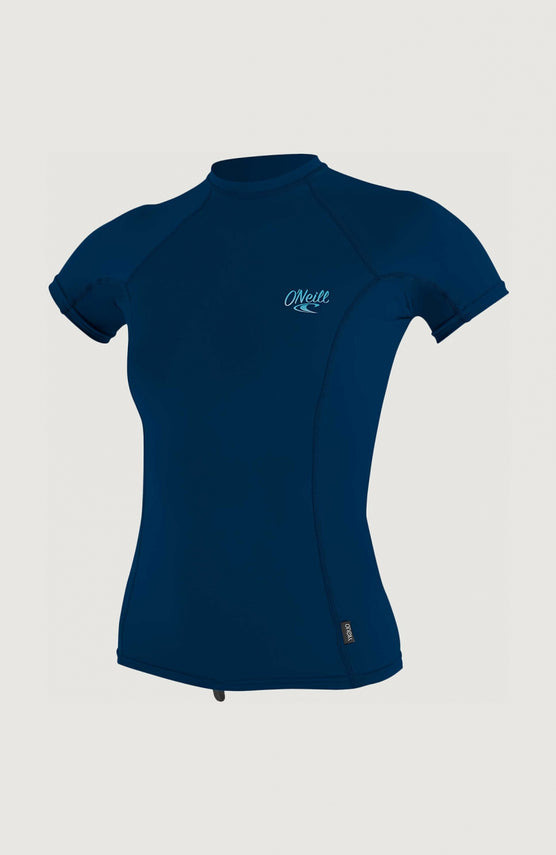 O'Neill Premium Skins Short Sleeve Rash Guard für Damen, dunkelblaues Schwimmshirt, freigestellt von vorne mit Logo