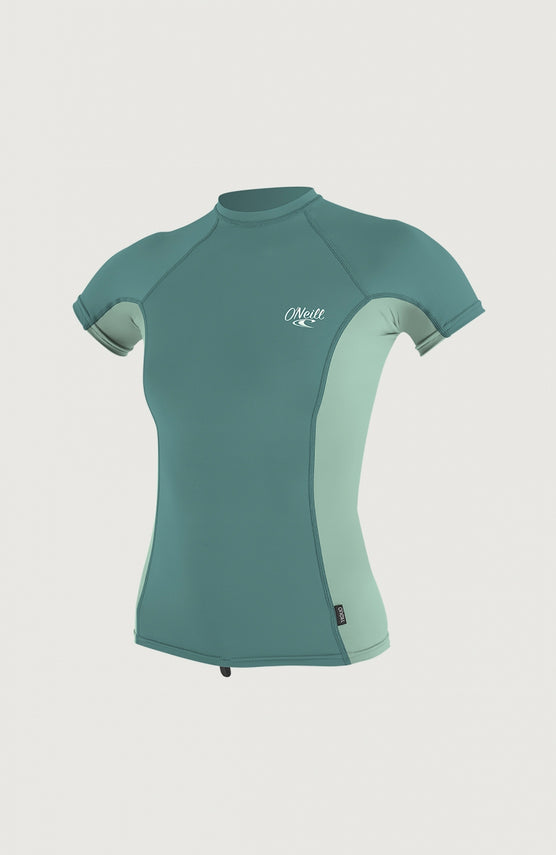 O'Neill Premium Skins Short Sleeve Rash Guard Schwimmshirt für Damen, grün, freigestellt in Vorderansicht