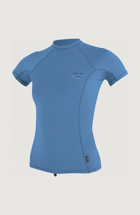 O'Neill Premium Skins Short Sleeve Rash Guard Schwimmshirt für Damen, blau, freigestellt von vorne