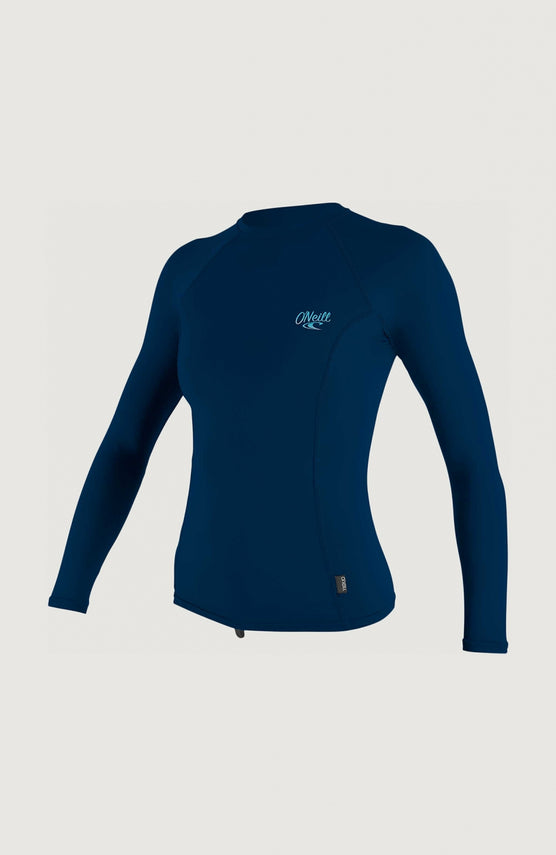 O'Neill Premium Skins Long Sleeve Rash Guard für Damen, blau, freigestellt von vorne, Raglan-Ärmel und Logo-Print