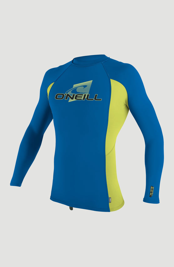 O'Neill Skins Long Sleeve Crew Schwimmshirt für Jungen, blau mit Logo-Print in Gelb, Vorderansicht