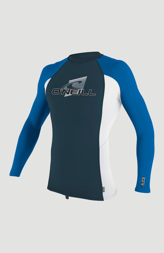O'Neill Skins Long Sleeve Crew Schwimmshirt für Jungen, blau mit Logo-Print in Weiß, freigestellt von vorne