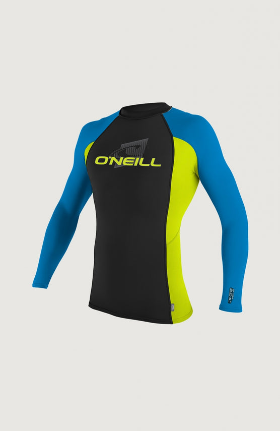 O'Neill Skins Long Sleeve Crew Schwimmshirt für Jungen, schwarz mit Logo-Print in Gelb, freigestellt von vorne