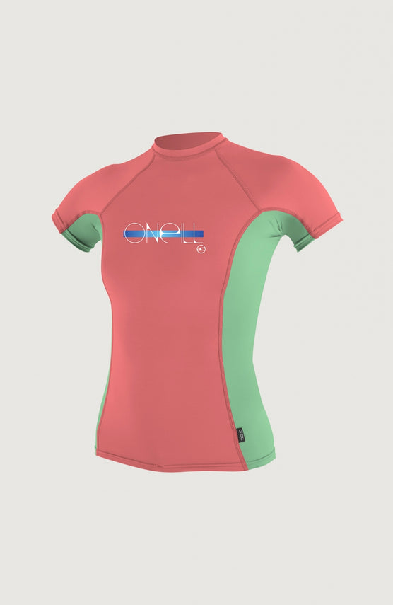 O'Neill Skins Short Sleeve Crew Schwimmshirt für Mädchen, pink mit Logo-Print in Blau und Weiß, Vorderansicht