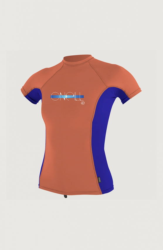 O'Neill Skins Short Sleeve Crew Schwimmshirt für Mädchen, orange mit Logo-Print in Blau und Weiß, Vorderansicht