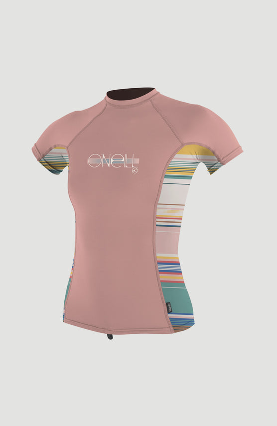 O'Neill Skins Short Sleeve Crew Schwimmshirt für Mädchen, pink mit Streifenmuster in Mehrfarbig, freigestellt von vorne