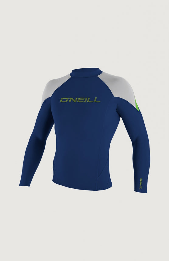 O'Neill Hammer 1.5mm Long Sleeve Crew Schwimmshirt für Herren, blau mit Logo-Print in Grün, freigestellt von vorne