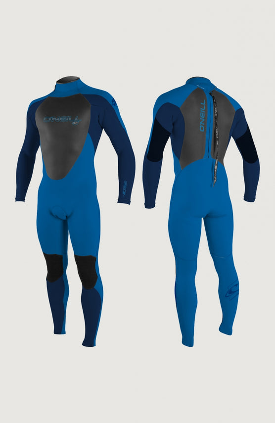 O'Neill Epic 3/2mm Back Zip Full Wetsuit Neoprenanzug für Jungen, blau, freigestellt in Vorder- und Rückansicht