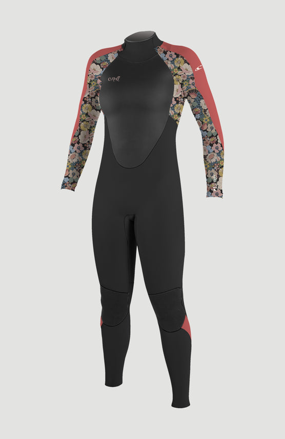 O'Neill Epic 5/4mm Back Zip Full Wetsuit Neoprenanzug für Mädchen, schwarz mit Blumenmuster in Rosa, Vorderansicht