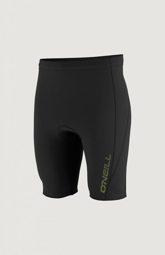 O'Neill Hammer 1.5mm Shorts für Herren, schwarz, freigestellt von vorne mit Logo-Print am Bein
