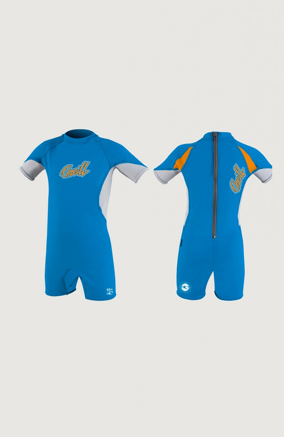 O'Neill O'Zone UV Spring Schwimmanzug für Jungen, blau mit Logo-Print in Orange, freigestellt von vorne und hinten