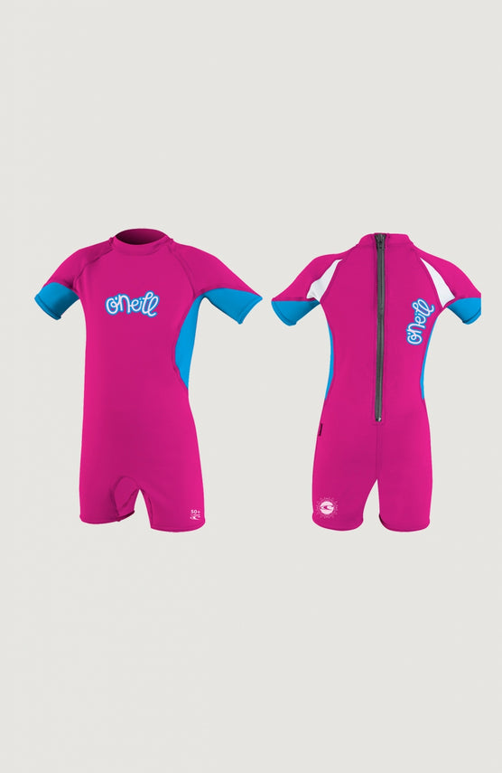 O'Neill O'Zone UV Spring Wetsuit Neoprenanzug für Mädchen, pink mit Logo-Print in Blau, freigestellt von vorne und hinten