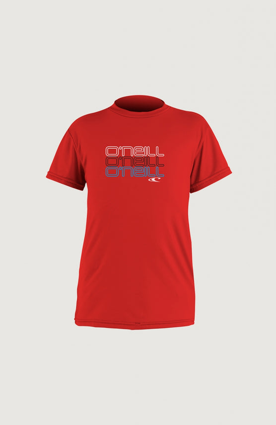 O'Neill Skins Short Sleeve Rash Tee Schwimmshirt für Jungen, rot mit Logo-Print in Weiß und Blau, Vorderansicht