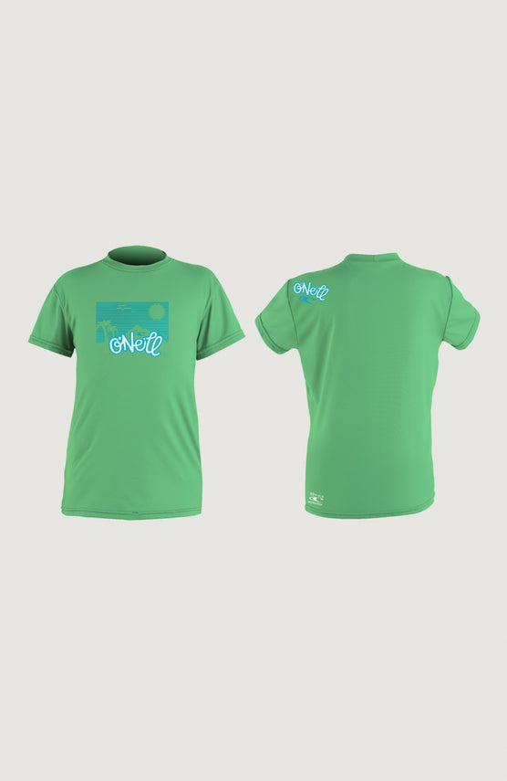 O'Neill Skins Short Sleeve Rash Tee Schwimmshirt für Damen, grün mit Logo-Print in Blau und Weiß, Vorder- und Rückansicht
