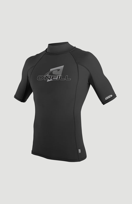 O'Neill Premium Shortsleeve Skin Turtleneck Rash Guard für Herren, schwarz mit Logo-Print in Weiß, freigestellt