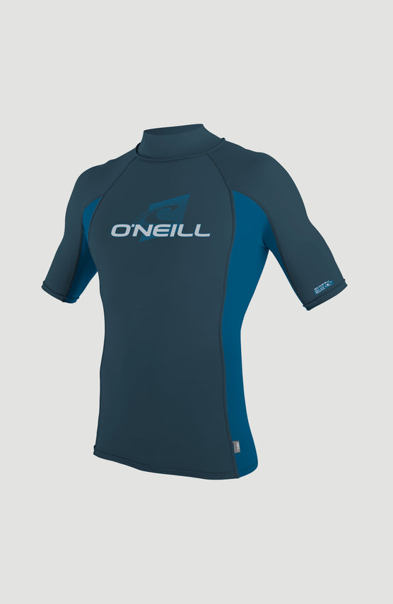 O'Neill Premium Shortsleeve Skin Turtleneck Rash Guard Schwimmshirt für Herren, blau mit Logo-Print in Hellblau, freigestellt