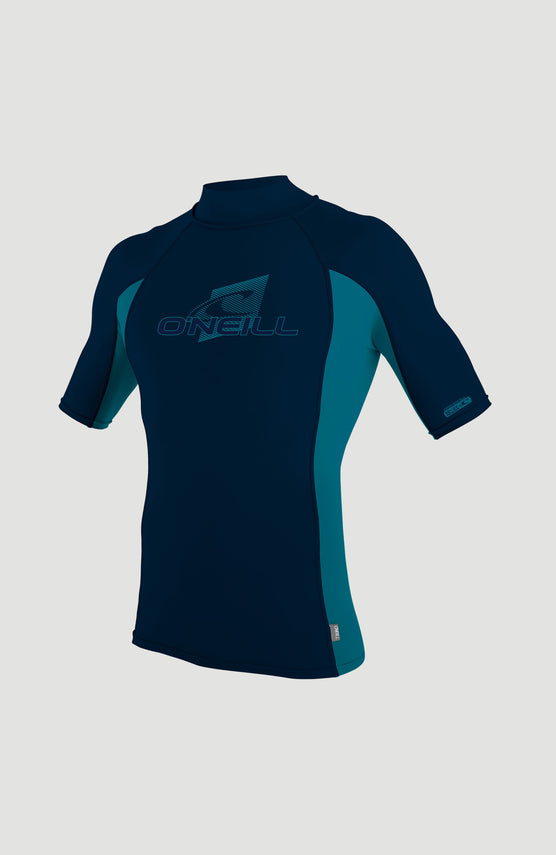 O'Neill Premium Shortsleeve Skin Turtleneck Rash Guard für Herren, blau mit Logo-Print in Türkis, Vorderansicht