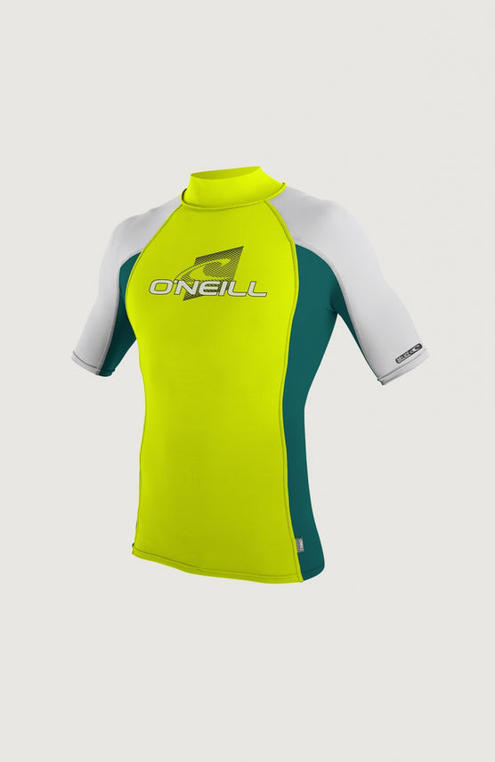 O'Neill Skins Short Sleeve Turtleneck Schwimmshirt für Jungen, gelb mit Logo-Print in Schwarz, Vorderansicht