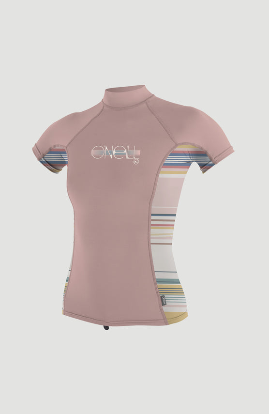 O'Neill Premium Shortsleeve Skin Turtleneck Rash Guard Schwimmshirt für Mädchen, pink mit Streifenmuster, Vorderansicht