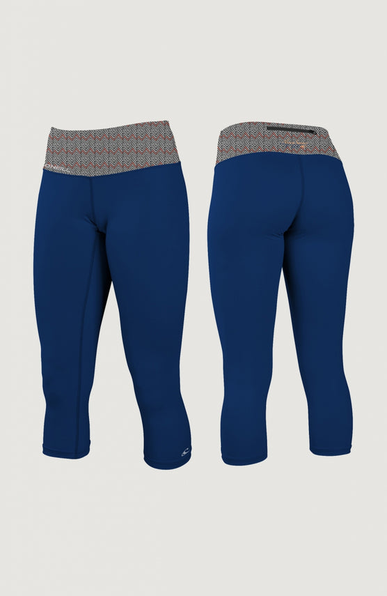 O'Neill Skins Surf Capri Caprihose für Damen, blau, freigestellt in Vorder- und Rückansicht mit gemustertem Bund