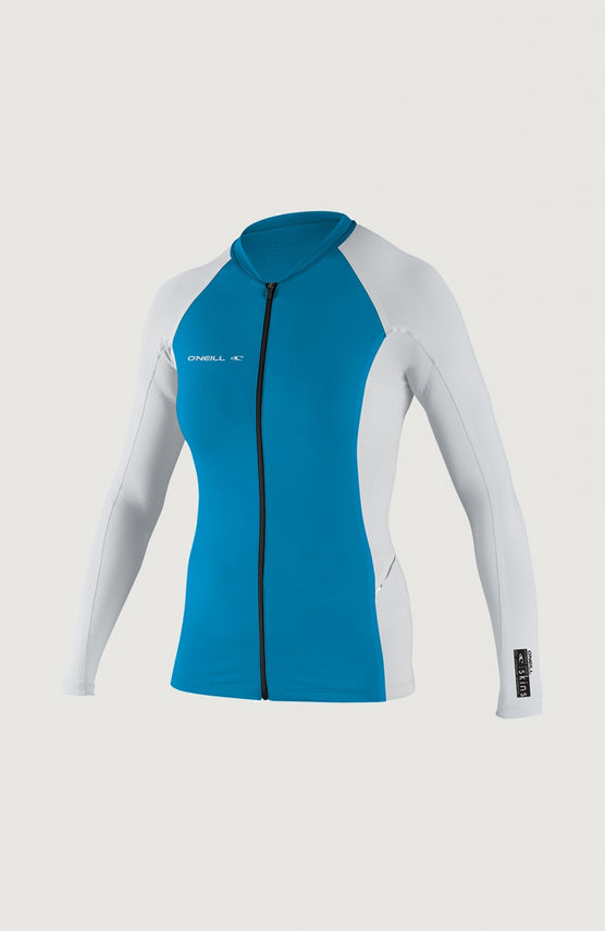 O'Neill Skins Full Zip Stitchless Long Sleeve Schwimmshirt für Damen, blau, freigestellt von vorne mit Reißverschluss