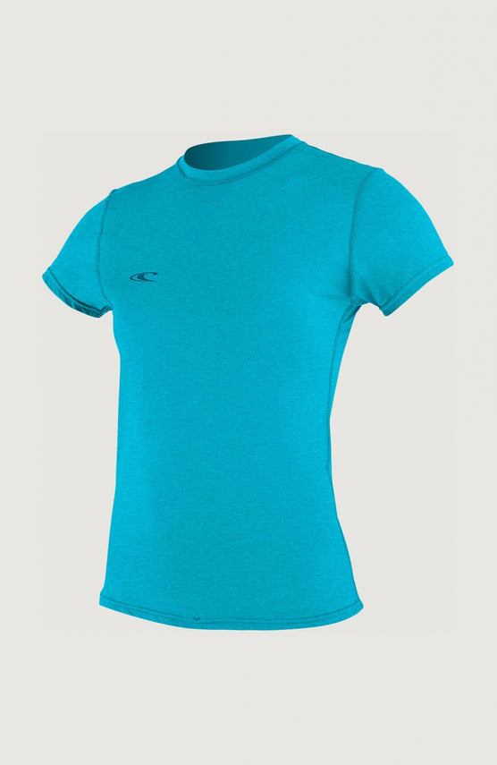 O'Neill Hybrid Skins Short Sleeve Surf Tee für Damen, blaues Schwimmshirt, freigestellt von vorne, kleines Logo