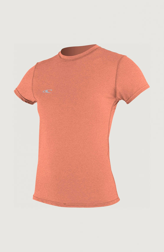 O'Neill Hybrid Skins Short Sleeve Surf Tee Schwimmshirt für Damen, rot, freigestellt von vorne, Rundhalsausschnitt