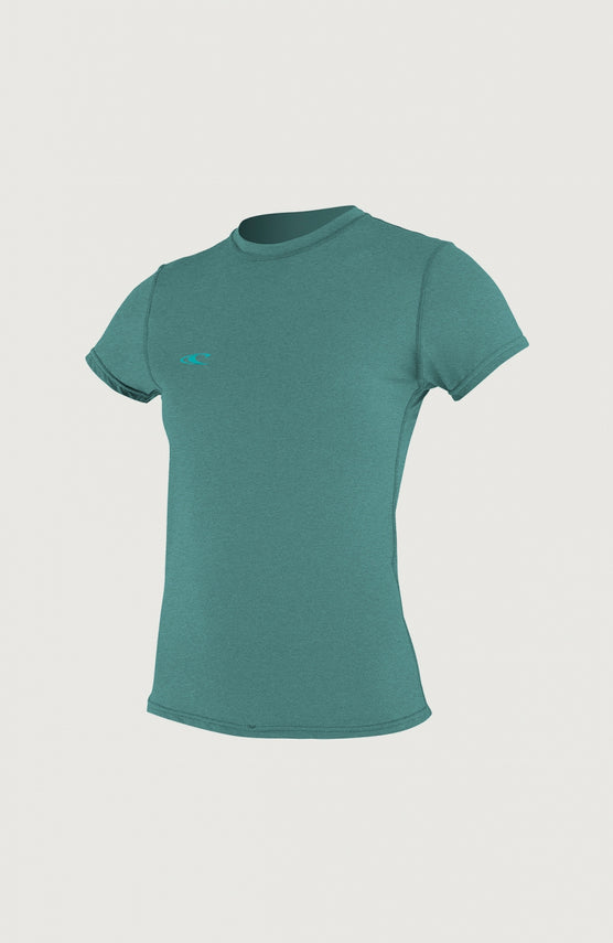 O'Neill Hybrid Skins Short Sleeve Surf Tee Schwimmshirt für Damen, grün, freigestellt in Schrägansicht von vorne