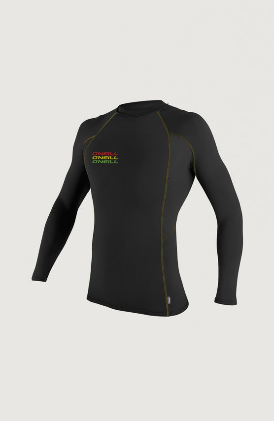 O'Neill Skins Graphic Long Sleeve Crew Schwimmshirt für Herren, schwarz mit Logo-Print in Rot und Gelb, freigestellt