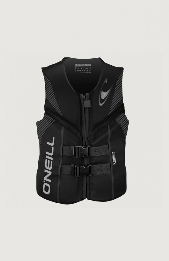 O'Neill Reactor 50N ISO Vest Weste für Herren, schwarz, freigestellt von vorne, Reißverschluss und Schnallen