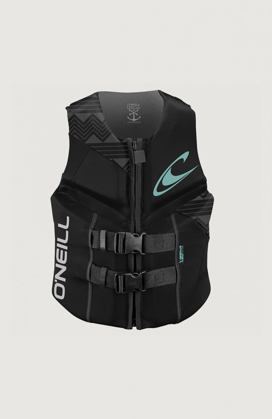 O'Neill Reactor 50N ISO Vest Womens Schwimmweste für Damen, schwarz mit Grafikmuster in Grau, freigestellt von vorne