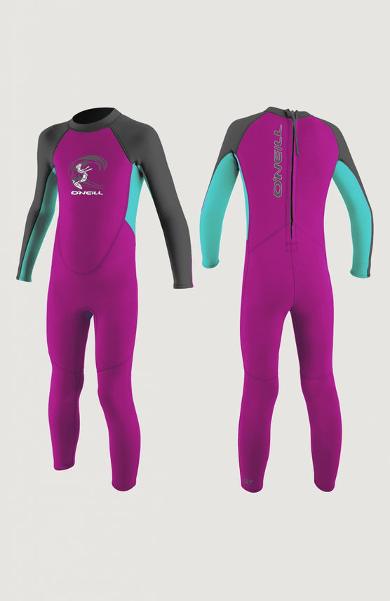 O'Neill Toddler Reactor-2 2mm Back Zip Full Girls Neoprenanzug für Mädchen, pink, freigestellt von vorne und hinten