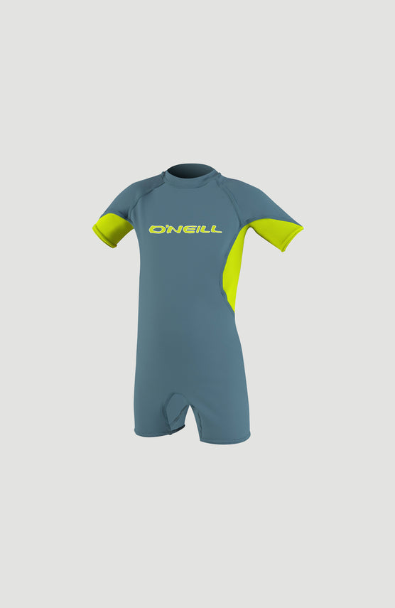 O'Neill O'Zone UV Spring Schwimmanzug für Jungen, blau mit Logo-Print in Gelb, freigestellt von vorne