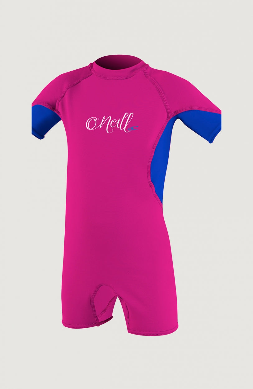 O'Neill O'Zone UV Spring Wetsuit Neoprenanzug für Mädchen, pink mit Logo-Schriftzug in Weiß, freigestellt von vorne